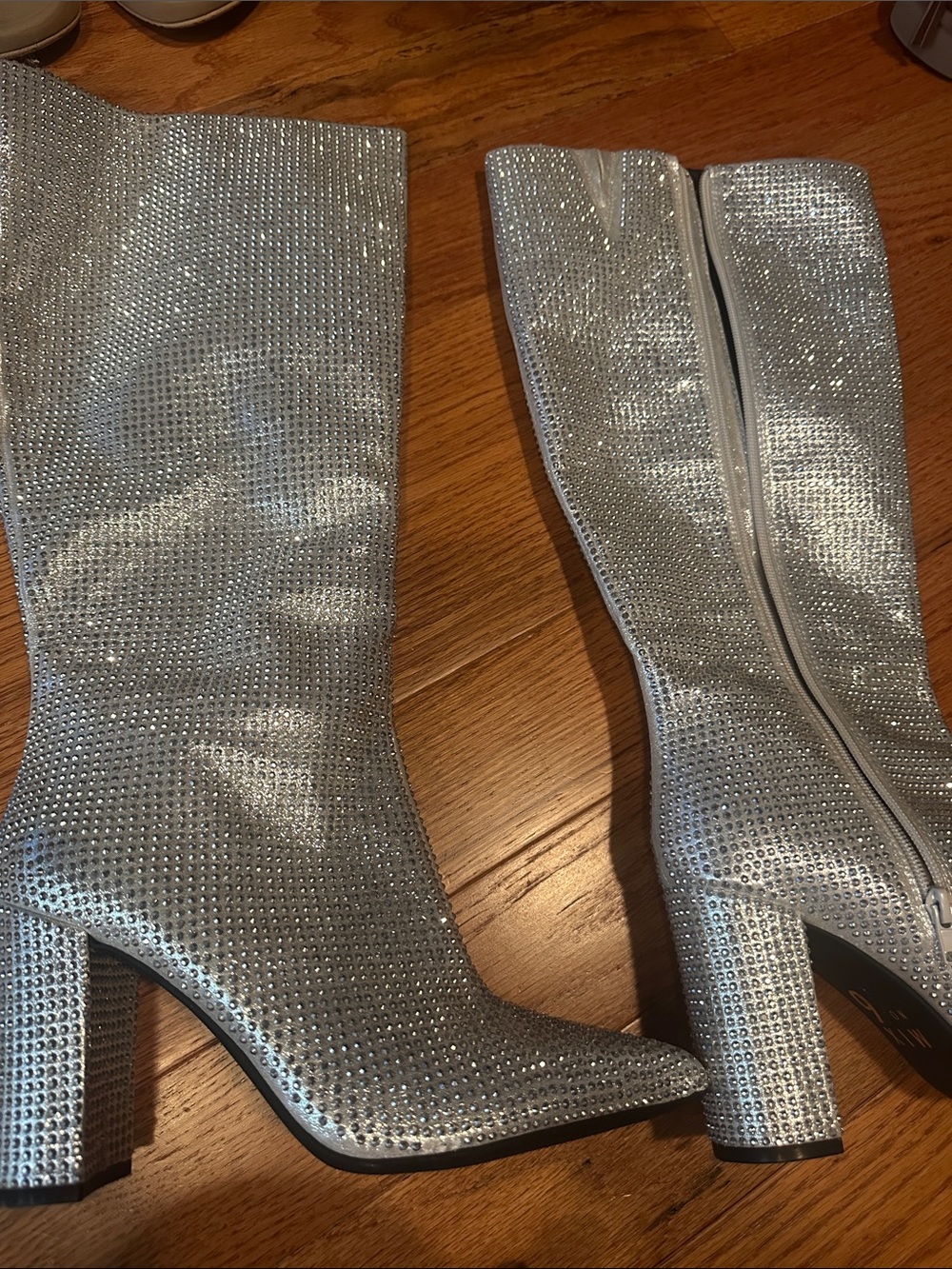 Mix No. 6 Silver Rhinestone Mid-Calf Block Heel Boots